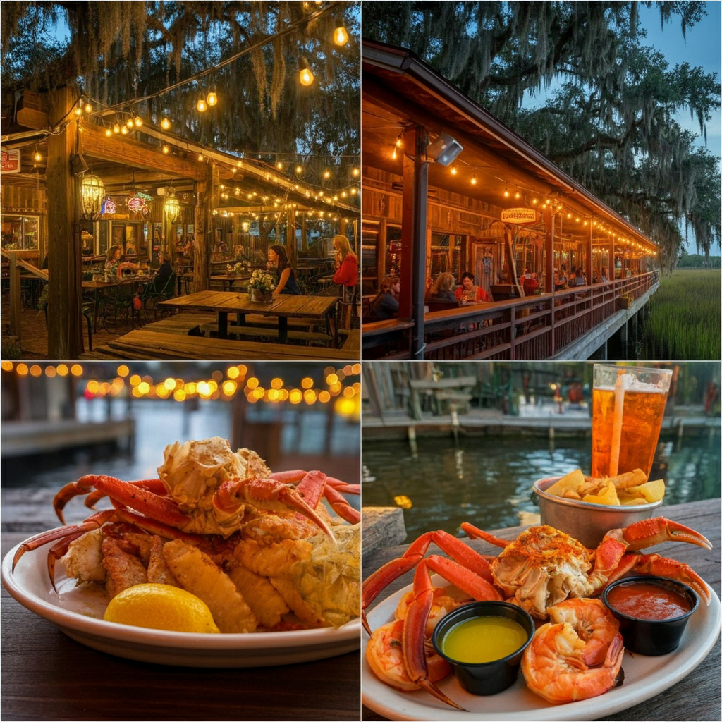 The Crab Shack restaurant on Tybee Island with rustic waterfront charm, outdoor seating under string lights, lush marshland, oak trees draped in Spanish moss, a table set with seafood, and the live alligator lagoon in the background.