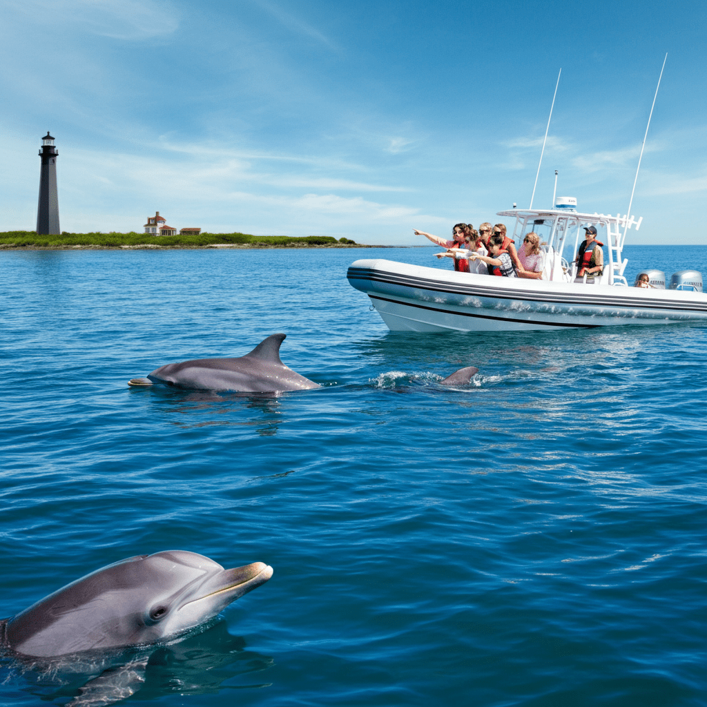 A realistic image of a dolphin tour near Tybee Island, featuring a medium-sized tour boat with families and friends watching dolphins leaping in clear blue waters, with Tybee Island’s shoreline, palm trees, and Cockspur Island Lighthouse in the background under a sunny sky.