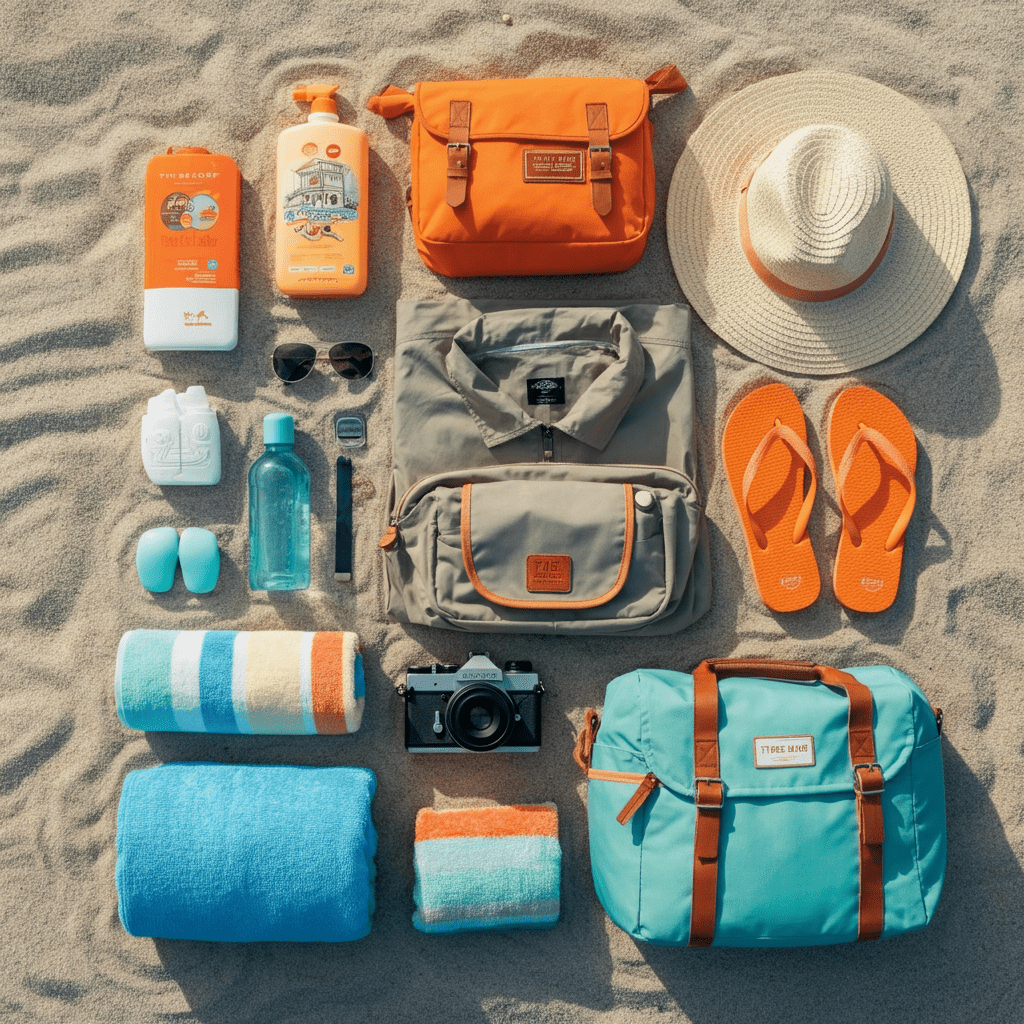 A flat lay of essential items for a Tybee Island trip, including sunscreen, sunglasses, a wide-brimmed hat, a beach towel, flip-flops, a reusable water bottle, bug spray, a light jacket, a camera, and a small travel bag, all laid out on a sandy beach-themed background.