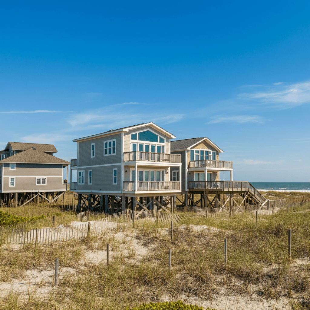 A modern beachfront rental property on Tybee Island with large windows and a spacious deck overlooking the ocean. The home is surrounded by soft sand dunes and sea grass, with the turquoise Atlantic waters in the background under warm sunlight.