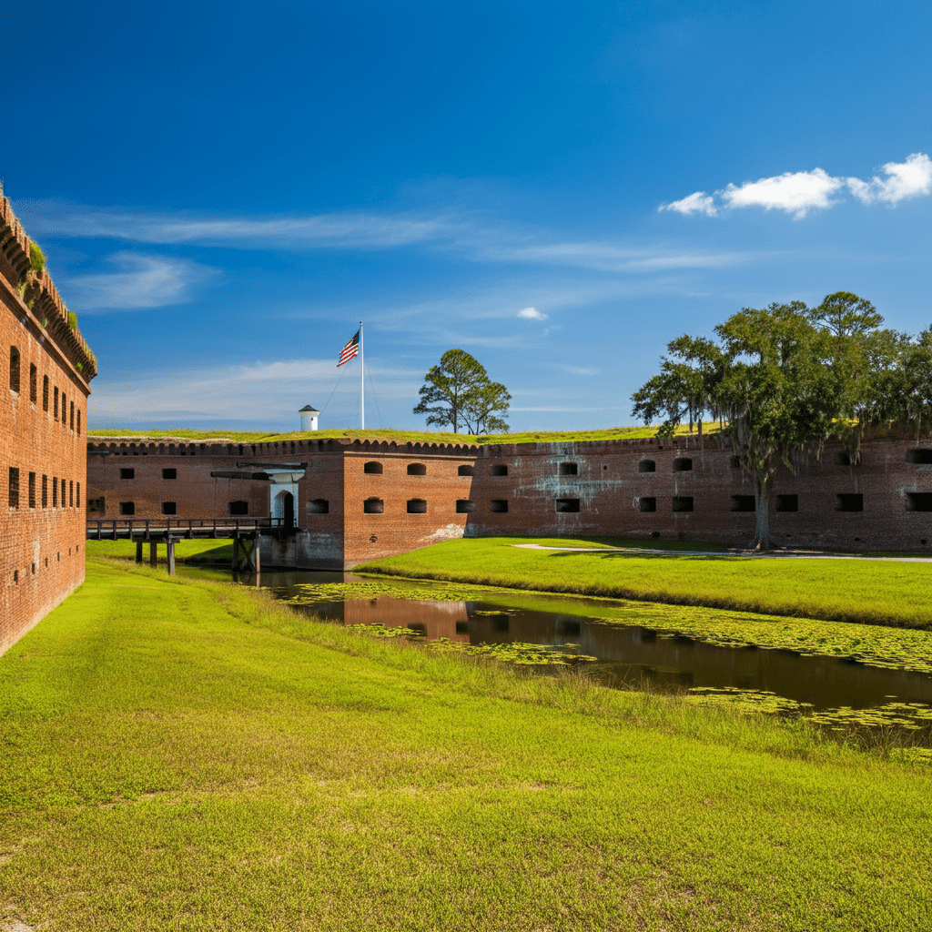 A view of Fort Pulaski National Monument near Tybee Island, Georgia, showcasing the historic brick fort surrounded by a grassy moat and lush greenery. A bright blue sky with fluffy clouds highlights the fort's entrance and iconic drawbridge.