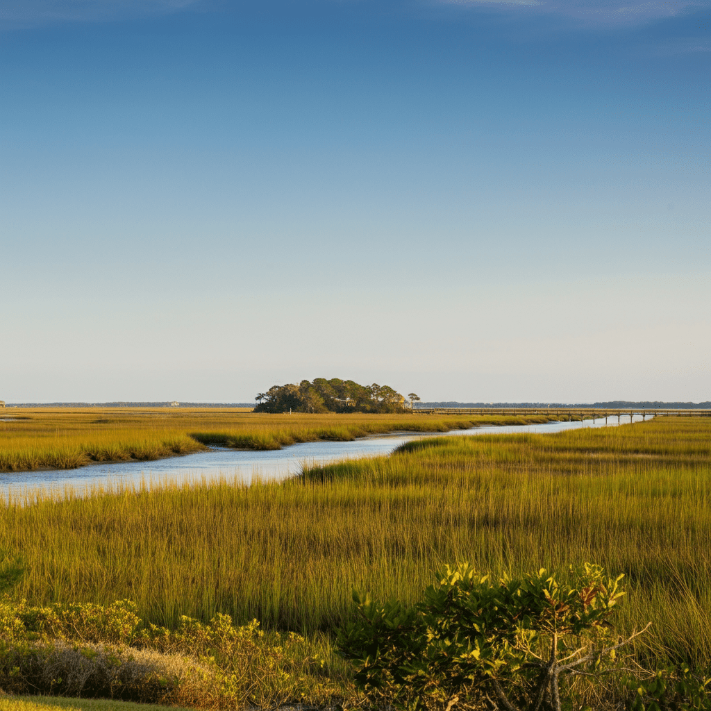 A tranquil marshland on the way to Tybee Island, Georgia, with lush green grasses extending to the horizon, winding tidal creeks reflecting a soft blue sky, and a wooden dock and scattered trees in the distance under golden sunset lighting.