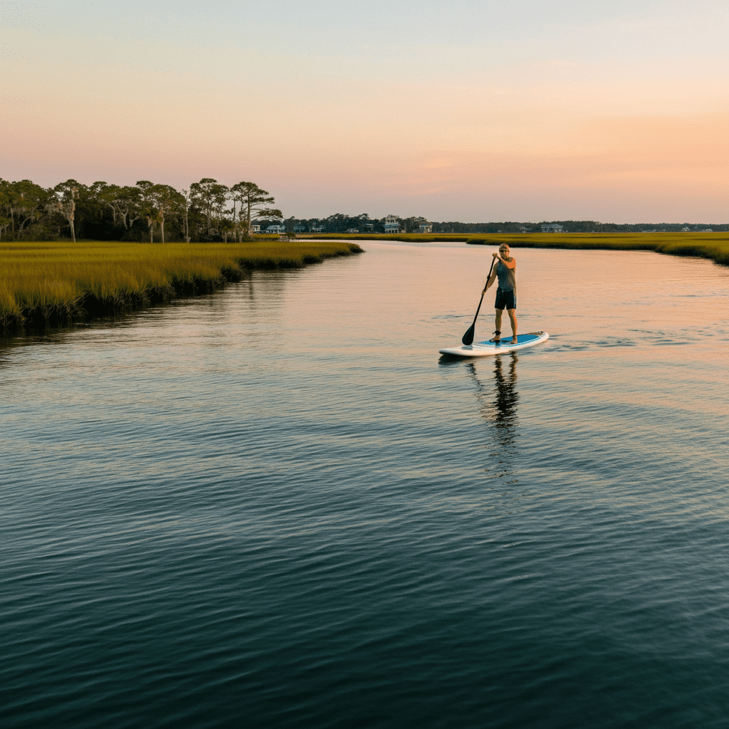 A person paddleboarding on calm, crystal-clear waters at Tybee Island during sunset, surrounded by lush green marshlands. The sky glows in warm hues of orange and pink, casting the paddleboarder in silhouette against the serene horizon.