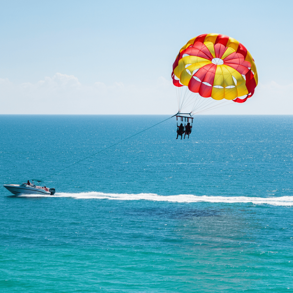 A person parasailing high above the ocean on Tybee Island, Georgia, attached to a vibrant parasail in shades of red and yellow. Below, turquoise waters glisten under a bright, clear sky, with a small boat towing the parasail in the distance.
