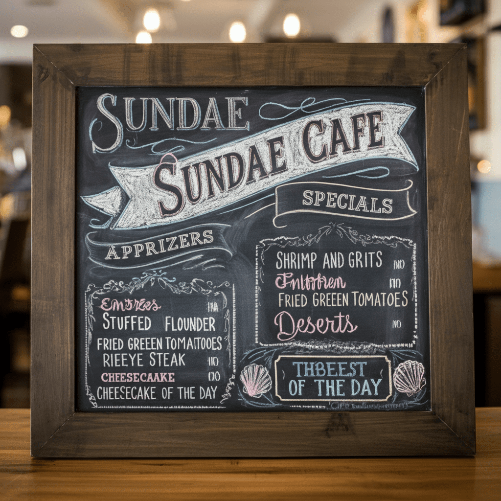 A black chalkboard menu for Sundae Cafe on Tybee Island, featuring handwritten chalk-style typography with sections for Appetizers, Entrees, Desserts, and Specials. Items like Shrimp and Grits, Stuffed Flounder, and Cheesecake of the Day are listed, alongside coastal-themed illustrations of seashells and waves in white and pastel chalk accents.