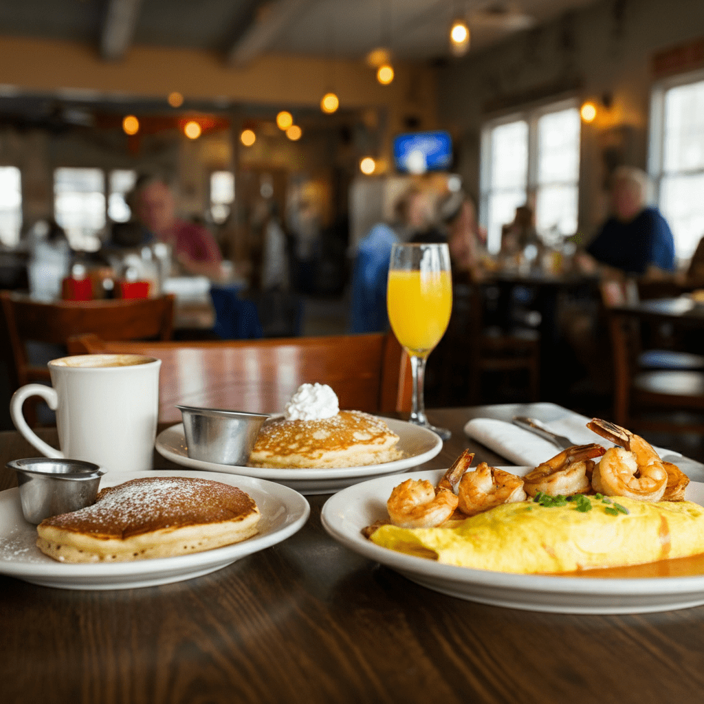 Cozy interior of Sunrise Restaurant on Tybee Island with wooden tables, plates of pancakes, omelets, shrimp and grits, coffee and mimosas, and sunlight streaming through windows in a lively breakfast scene.