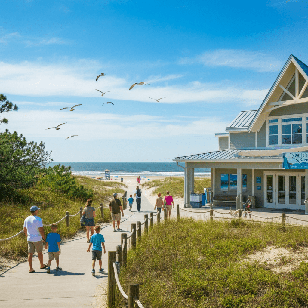 Tybee Island Marine Science Center exterior surrounded by greenery and sand dunes with families walking towards the entrance.