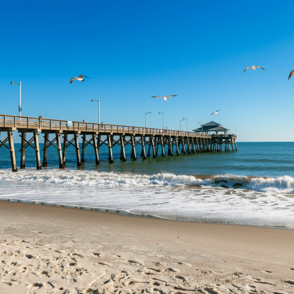 A wooden pier extending over the sparkling blue ocean at Tybee Island, Georgia, with gentle waves lapping against its supports. The pavilion at the pier's end is bustling with activity, surrounded by seagulls against a clear, sunny sky. The golden sandy beach in the foreground shows footprints and scattered seashells, completing the vibrant coastal scene.