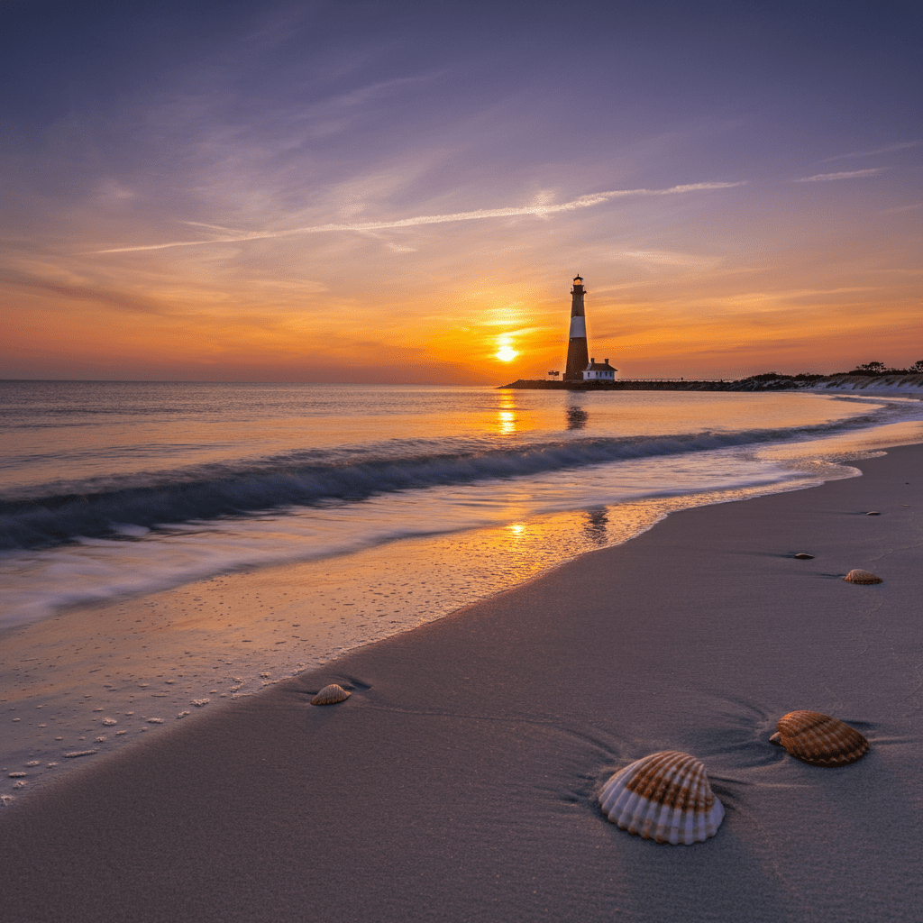 Sunrise over Tybee Island with the lighthouse, serene beach, gentle waves, and vibrant sky in hues of orange, pink, and purple.