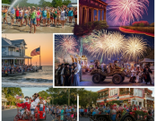 A vibrant collage showcasing seasonal events on Tybee Island, featuring the Beach Bum Parade with water fights, the Pirate Fest with costumed participants, Fourth of July fireworks over the ocean, and a festive Christmas parade with twinkling lights.
